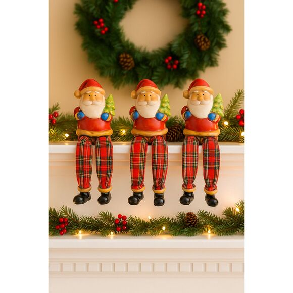 3 Dolgencorp Santa Shelf Sitters Red Plaid Dangly Legs Christmas Mantel Decor - Picture 1 of 4